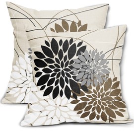 Black Brown Pillow Covers 16x16 Inch Dahlia Flower Decorative Throw Pillows Modern Geometry Floral Outdoor Farmhouse Pillowcase Linen Square Cushion Case Decor for Home Sofa Couch Bed, Set of 2
