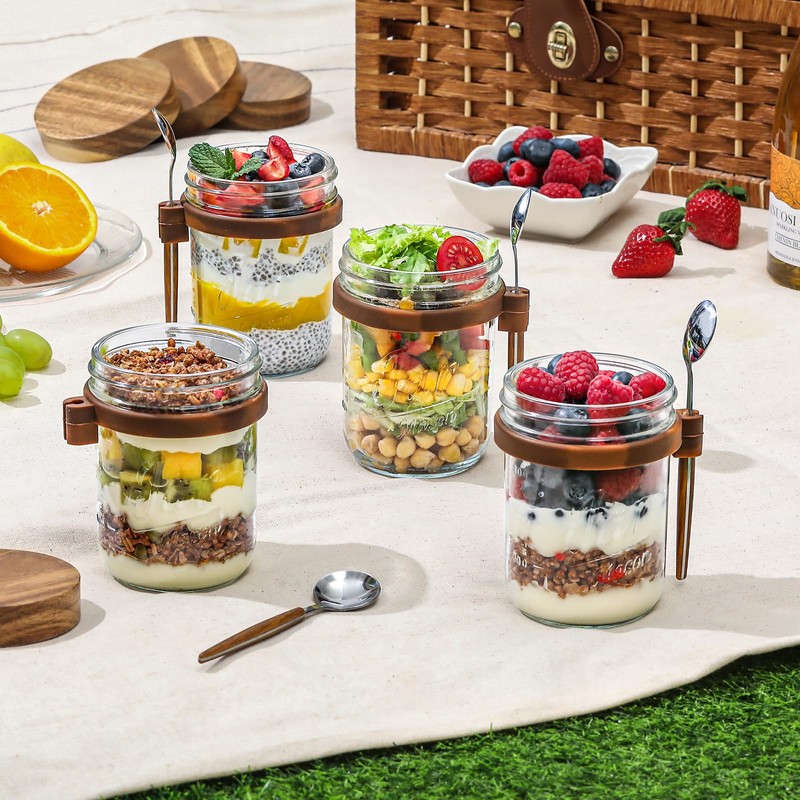 4 Pack Overnight Oats Containers with Wooden Lids and Spoons,