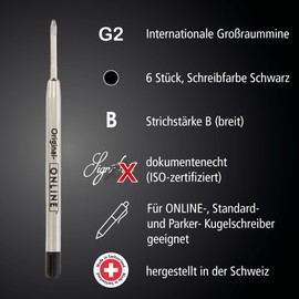 6x Compatible Parker Ballpoint Pen Refills G2 Format Line Width B (wide) from Online, also for Pelikan, Faber-Castell etc., International Standard Large Capacity Refills, Indelible, Colour: Black