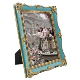 iAmoy Vintage 5x7 Picture Frame, Blue & Gold Picture Frames, 7 by 5 in Frame with Floral and Bead Detail, Baroque Decor