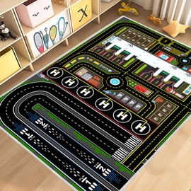 Kids Rug Car Rugs Airplane Road Carpet Playmat for Play Toy Cars, Airport Parking Track Rug Carpet for Playroom Nursery Classroom Kids Room, Play Floor Mat Great Gift for Boy Girl 2.6x3.9ft
