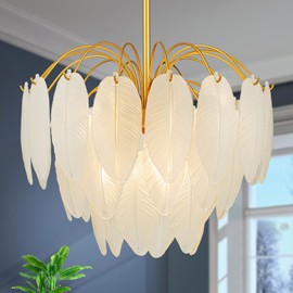 LumFurn 6-Lights Gold Chandeliers, Modern 3-Tier Pendant Light Fixture for Dining Room, Living Room, Bedroom, Adjustable Height 19~51", Frosted Feather-Shaped Glass Shade & Brass Finish Frame