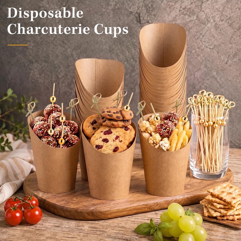 100 Set 12 oz Brown Kraft Charcuterie Cups with Sticks,