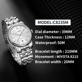CADISEN Automatic Watch Men's Sapphire Glass 50 m Waterproof Watch Casual, White, Bracelet