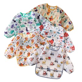 Yunguui Baby Bibs with Sleeves, Pack of 5, Washable, Full Body Bib, Sleeves, Waterproof, for 3-30 Months, Dino/pirates/construction trucks/lions/forest
