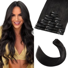 Elailite Clip-In Real Hair Extensions (8-Piece Set Hair Extensions Real Hair Clip) - #01 Jet Black - 30 cm