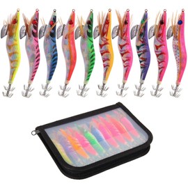 10pcs/Bag Squid Jigs Hard Fishing Lures Luminous Tail Glow in Dark Squid Jig Hooks Shrimp Prawn Cuttlefish Artificial Bait Squid Hook Size 2.5# 3.0# 3.5#