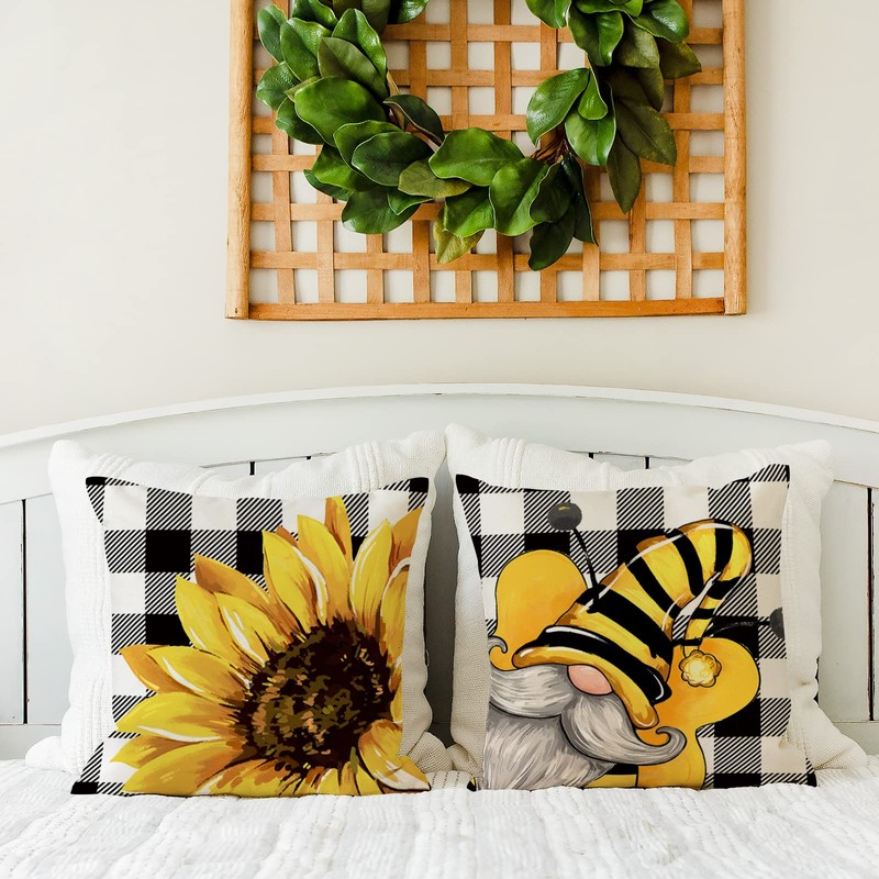 AnyDesign Summer Pillow Cover Sunflower Bee Decorative Throw Pillow Case