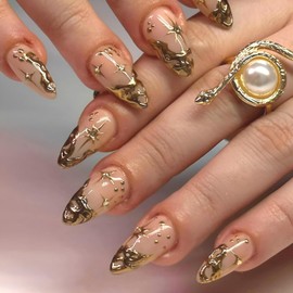 Gold Press on Nails Short Almond Fake Nails with 3D Star Irregularity Design Acrylic Nails Glossy False Nails Nude Nails Press ons Full Cover Stick on Nails Glue on Nails for Women 24Pcs