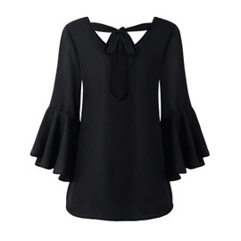 Flowy Shirts for Women Boho Trendy, Womans Tops Plus Size Dressy Low Vneck 3/4 Bell Sleeve Pleated Front Bow Tie Back Crepe Knit Chiffon Tunic Blouse Spring Summer Casual Black XL