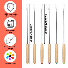 6 PCS 9.5 Inches Stainless Steel Fondue Forks Fondue Sticks Set Heat Resistant Stainless Steel with Wooden Handle for Roast Meat Chocolate Dessert Cheese Marshmallows (6 Colors)