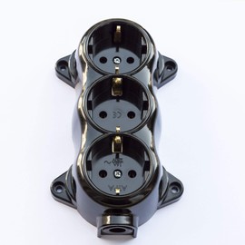 Socket fix, retro, 3-way, 16A-250V, surface-mounted, brass, thick, black, retro bakelite look, old