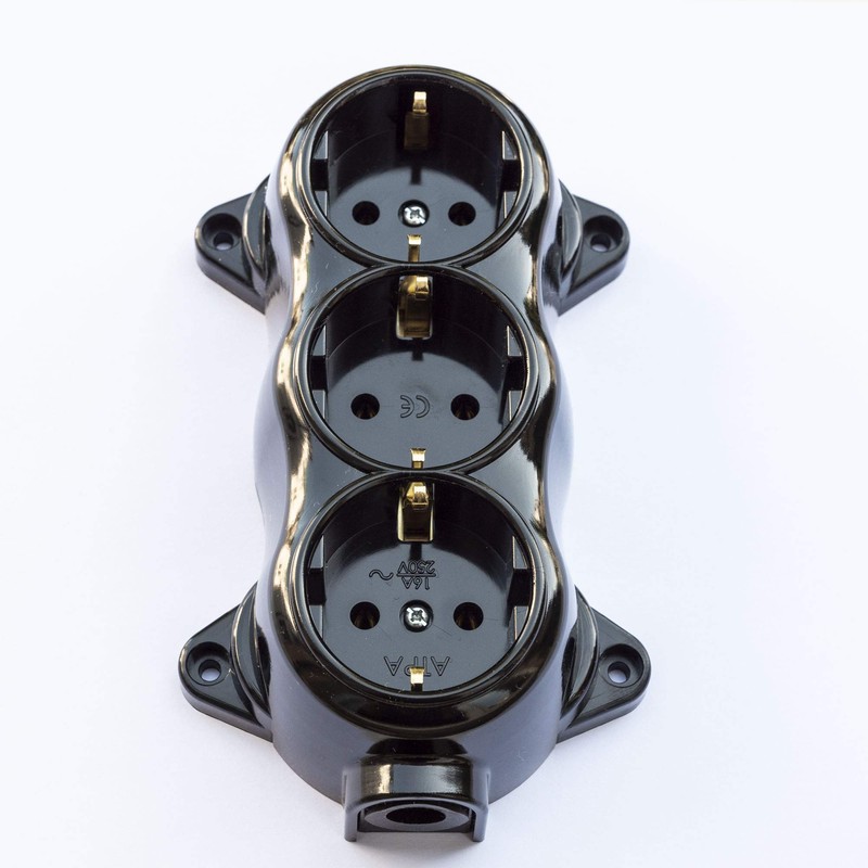 Socket fix, retro, 3-way, 16A-250V, surface-mounted, brass, thick, black, retro