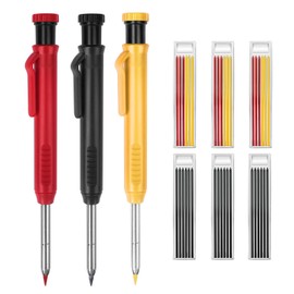 MECHEER 3 Deep Hole Marker with 36 Pencil Leads, 3 Colours, Carpenter's Pencil, Construction Site Set for Drill Hole Markers, 45 mm Long Nib, Deep Hole Marker Pencil, Built-in Sharpener for Carpenters