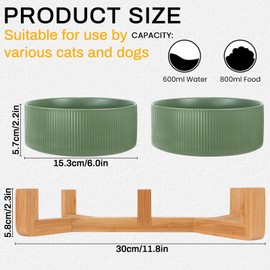 Ptlom Ceramic Pet Bowls for Dog and Cat, No Spill Dog Food and Water Bowl Set with Anti-Slip Wooden Stand, Riased Puppy Feeding Dishes Suitable for Small, Medium and Large Cats Dogs, Green 28 OZ