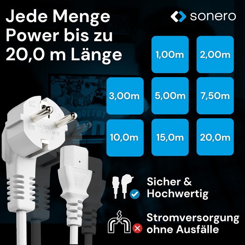 sonero Stromkabel Kaltgerätekabel 3 Polig, 3,0m, 90° Winkel Schutzkontakt Schuko
