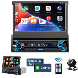 Naifay Single Din Car Stereo Compatible with Apple Carplay & Android Auto, 7inch Flip Out Touchscreen Car Radio with Bluetooth Foldable Car Audio Receivers, Mirror Link/Camera/FM/USB/AUX/TF/Subwoofer