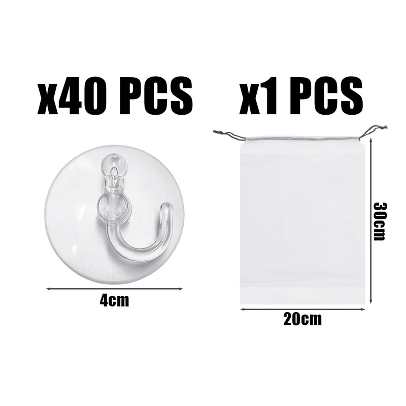 SLEEKEE 40 Transparent Suction Cup Hooks with 4 cm Diameter