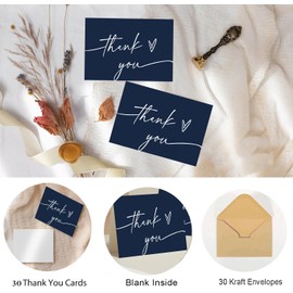 Thank You Cards with Envelopes 4 x 6, 30 Pcs Blank Navy Blue Baby Shower Thank You Cards, Wedding Thank You Notes Cards with Envelopes, Brown Kraft Envelopes and Stickers Included