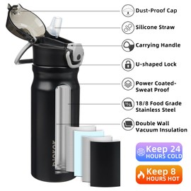 BJPKPK Water Bottle with Straw 18oz Insulated Water Bottles Reusable Stainless Steel Metal Thermal Flask with Leak Proof Lockable Lid and Carry Handle,Black