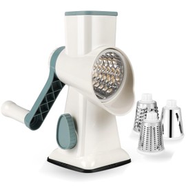 Dreamhigh Cheese Grater with Crank, Vegetable Cutter, 3 Stainless Steel Interchangeable Drum Blades, Manual Drum Grater, Vegetable Slicer, Strong Suction Effect, Ideal for Cucumbers, Cheese Nuts,