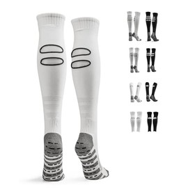 Adult Grip Socks Soccer Men and Women, Pre Cut Breathable Double Hole Professional Football Socks, Anti Slip Knee High Athletic Socks for Hockey, Baseball, Softball, Volleyball(1 Pair，White)