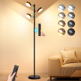 LED Tree Floor Lamp for Living Room, Stepless Dimmable Floor Lamp with Remote Control & Touch Control, 4 Color Temperatures, Standing Lamp with 3 Rotatable Lights, Black Floor Lamps for Bedrooms