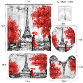 Britimes 4 Piece Shower Curtain Sets, Red Background Paris Eiffel Tower with Non-Slip Rugs, Toilet Lid Cover and Bath Mat, for Bathroom Decor Set, 72" x 72"