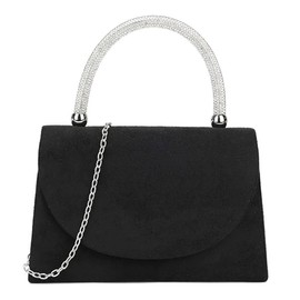 Suede Tote Style Top Diamante Handle Bridal Prom Wedding Evening Clutch Party Purse Hand Bag (Black)