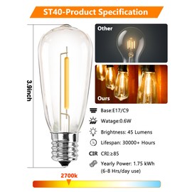 25 Pack ST40 Vintage LED Edison Bulbs Dimmable, Shatterproof 0.6W Energy Efficient E17 LED Replacement Bulbs for Outdoor String Lights, E17/C9 Intermediate Base Bulb Waterproof, Warm White 2700K