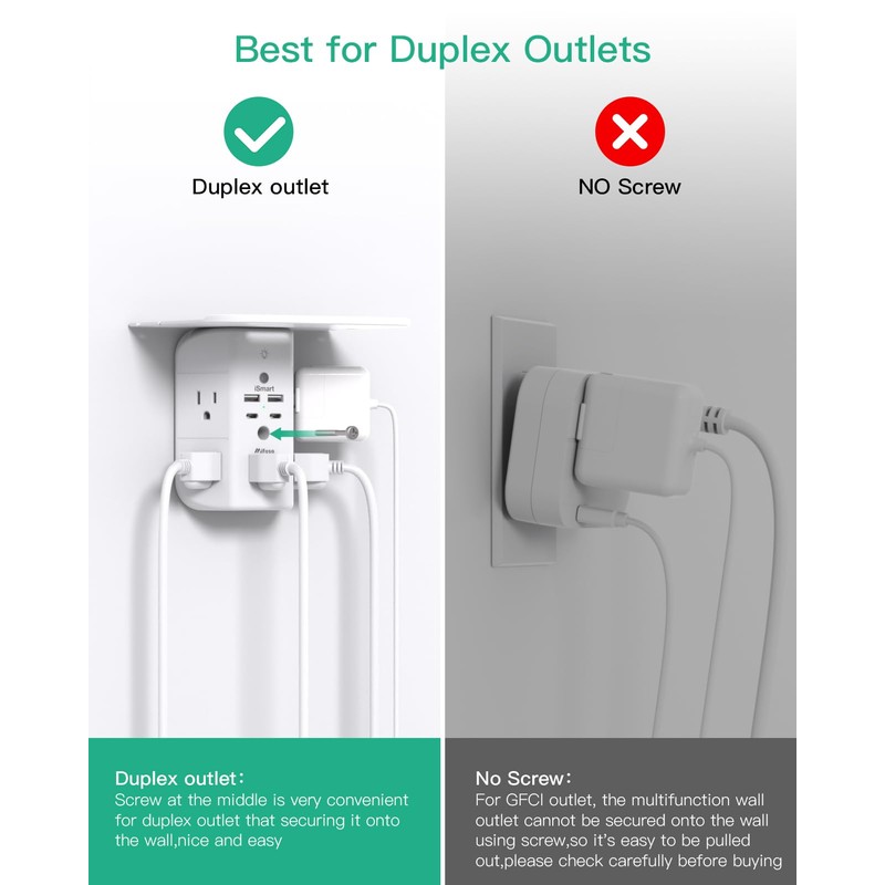 Wall Outlet Extender with Shelf and Night Light, Surge Protector,
