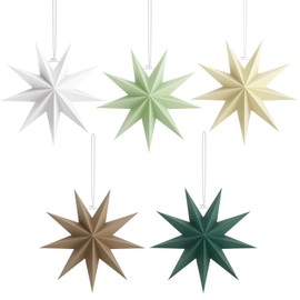 Yomisee Paper Stars Christmas Pack of 5, 30 cm Folding Star Christmas, 9 Points Paper Star for Hanging, Christmas Star Decoration for Window, Christmas Tree