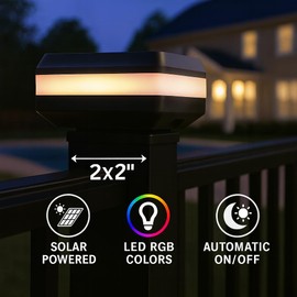 Lunilly 4 Pack Solar Post Cap Lights for 2x2 inch Aluminum, Wrought Iron, and Garden/Pool Fences, Warm White, Cool White, and Selectable RGB Colors with Built-in Color-Changing Holiday/Party Mode!
