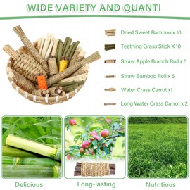 Wookiwuki Rabbit Toys 33Pcs, Natural Hay Hamster Chew Toys for Teeth, Handmade Dried Sweet Teething Grass Sticks Watercress Carrot for Chinchillas Bunny Small Animals