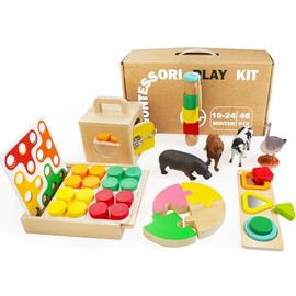 Montessori Toys for 1 2 Year Old, 9 in 1 Wooden Toddler Educational Set, Includes Lock Box, Puzzle, Color Sorting Board, Lacing Beads, Shape Sorter & Animal Figures, Gift for 19-24 Months Boy & Girl