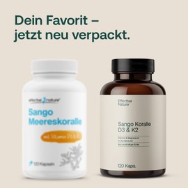 effective nature Sango Sea Coral + Vitamin D3 & K2-120 Capsules - With Calcium & Magnesium in Optimal Ratio 2:1 - High Dose & Vegan - Dietary Supplement for Bone & Acid-Base Household