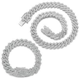 JUNVirtuous 2 Pieces Cuban Link Chain Mens Iced Out Miami Cuban Necklace and Bracelet Silver Bling Diamond Hip Hop Jewelry for Men and Women (Silver, 8" Bracelet and 18" Necklace)