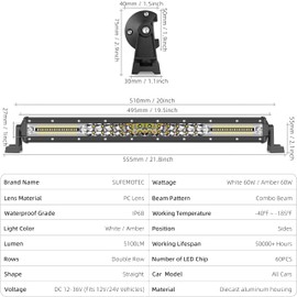 20 Inch Led Light Bar Single Row White Amber Strobe Lights Warning Led Work Light for Off Road 4x4 Boat SUV ATV 4WD Car Truck 12V 24V Driving Fog Lights with Dual Switch 10FT Wiring Harness Kit