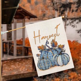 Fukeen Pumpkin Fall Decorative House Flag Blue Pumpkin and Maple Leaves Autumn Harvest Outside Decorations Farmhouse Thanksgiving Yard Outdoor Decoration 28x40 Inch Double Sided