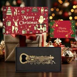 LKKCHER Christmas Gifts Steam Train Steam Locomotive Bottle Opener, Christmas Gifts for Men Dad Train Fans, Christmas Railway Gifts, Bronze with Christmas Packaging and Christmas Card