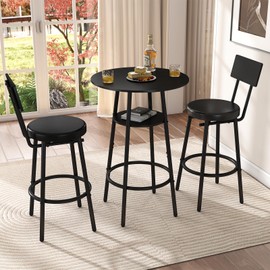 Zevemomo 3 Pieces Round Bar Table Set, Small Dining Table for 2, Black Kitchen Bar Table, Breakfast Table with Storage, 2 Thickened Cushion Stools with Backrest for Dining Room & Bistro-Black