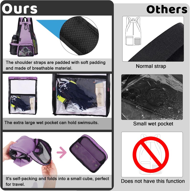 Timoxi Swim Bag Beach Backpack with Padded Shoulder Strap Mesh