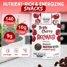 Savage Snacks Recover Cherry Whole Food Prebiotic (Pack of 6) 9g Protein Balls & Bites - Convenient On-The-Go Tasty Protein Snacks - High-Protein, Gluten-Free, Grain-Free & Flavored by Nature