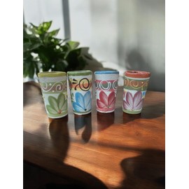 Set of 4 Mexican Pottery Shot Glasses – Hand-Painted Floral Design, 1.5 oz, Colorful Mexican Talavera, Perfect for Tequila, Parties, Wedding Favors, and Gifts