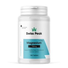 Swiss Peak Magnesium 750mg + Zinc | 180 High-Strength Tablets | Supports Sleep, Skin, Bones & Immune System | UK Made, Lab-Tested, Vegan-Friendly