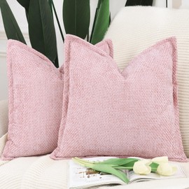 Madizz Set of 2 Chenille Velvet Cushion Covers with Flange Soft Boho Textured Throw Pillow Covers Broadside Pillowcases Modern Farmhouse Home Decor for Sofa Bedroom Pink 18x18 inch, 45x45 cm