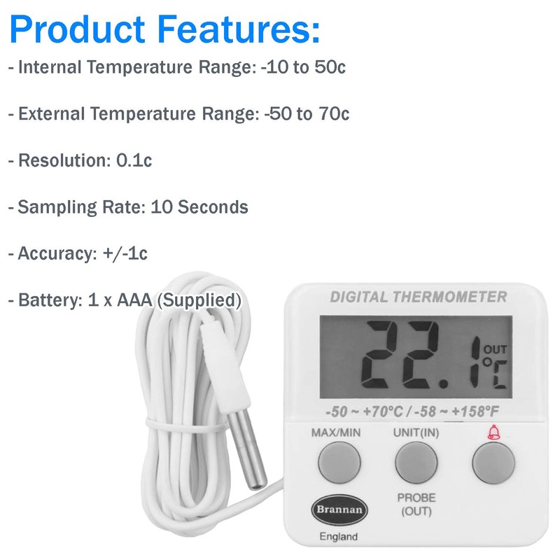 Brannan Calibrated Digital Fridge Freezer Thermometer With Probe and 2