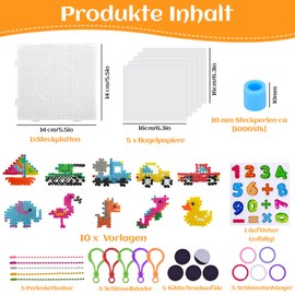 Large 10 mm Ironing Beads Set, 1000 Pieces XL Beads with Plates, 10 Vehicles Animal Pattern and 5 Ironing Paper with Stickers, Chain, Keyring for Children from 3 Years
