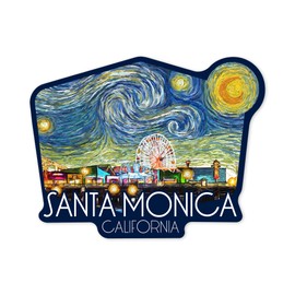 Lantern Press Sticker Santa Monica, California, Santa Monica Pier, Starry Night, Die Cut Vinyl, (Waterproof Decal for Cars, Water Bottles, Laptops, Coolers), Small