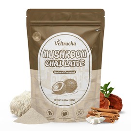 Veltracha Mushroom Chai Tea for Coffee Alternative, 6 Adaptogenic Mushroom Tea with Reishi & Lion Mane, Masala Chai Tea Latte Powder for Energy & Focus Support, 6.35 oz 20 Servings (Natural Coconut)